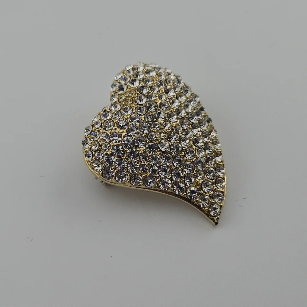 Vintage Stylized Heart Brooch Pin Clear Pave Rhinestones Gold Tone